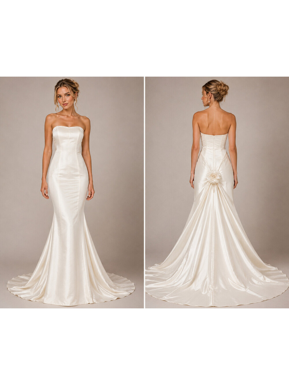 Vintage Ivory Satin Strapless Wedding Gown Floral Rosette Train Bridal sz S